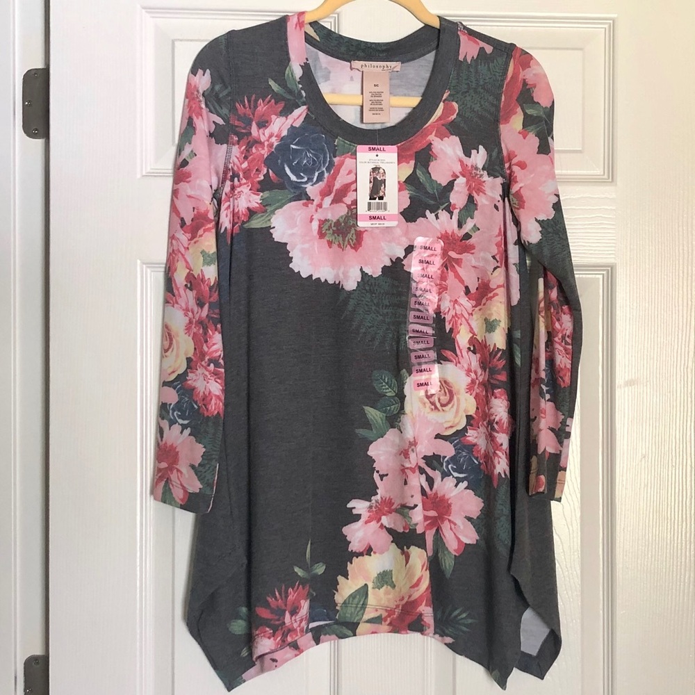 Philosophy Tunic Top Botanical Trellis Grey NWT